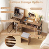 Vanity desk with mirror and lights features 120 ring slots, 10 necklace hooks, and multiple storage options for makeup.
