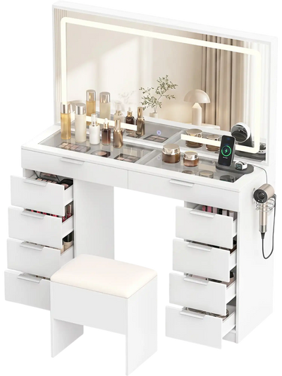 Costway Vanity Desk Mirror Lights Stool Charging Station 65647644 New