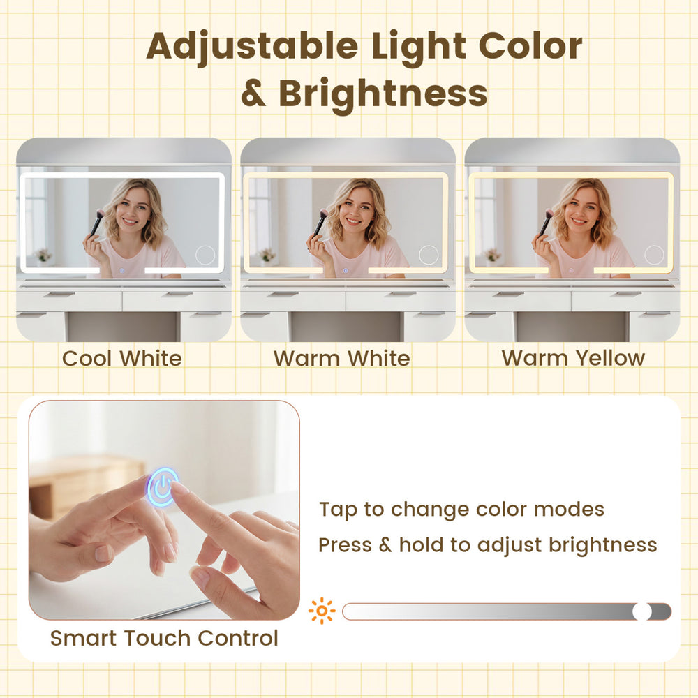 Adjustable light color and brightness feature on the vanity desk with mirror and stool for customized makeup lighting.