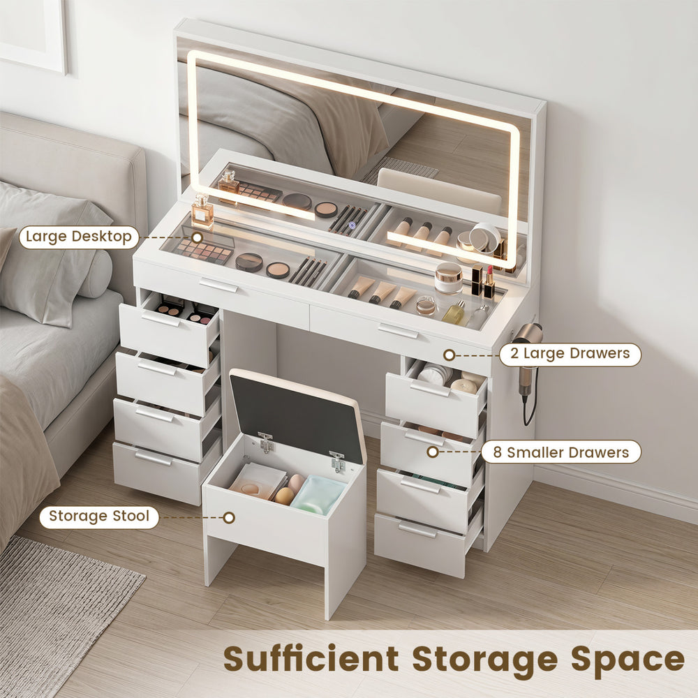 Vanity desk with mirror and lights features ample storage, adjustable lighting, and a matching cushioned stool for makeup.