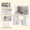 Vanity desk in white with adjustable lights, 10 drawers, and a comfy padded stool for makeup organization and convenience.