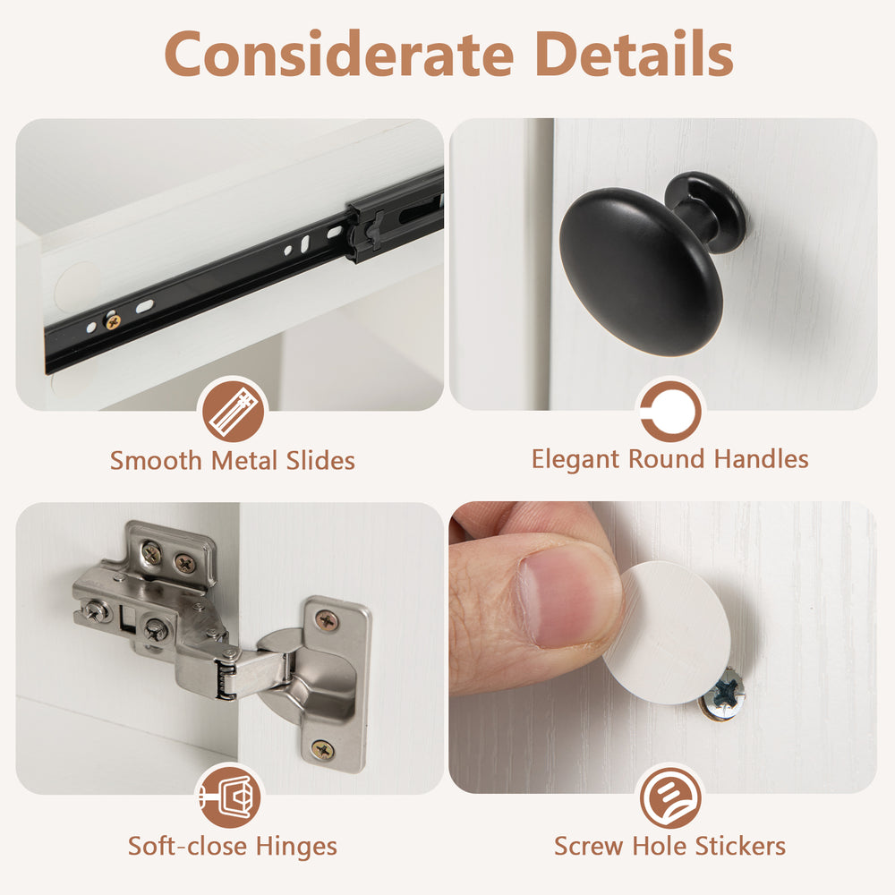 Close-up of soft-close hinges and smooth metal slides on the white vanity desk with mirror and lights for organized.