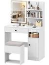 Vanity desk with mirror and lights in white, featuring open shelves, large drawer, and cushioned stool for organization.