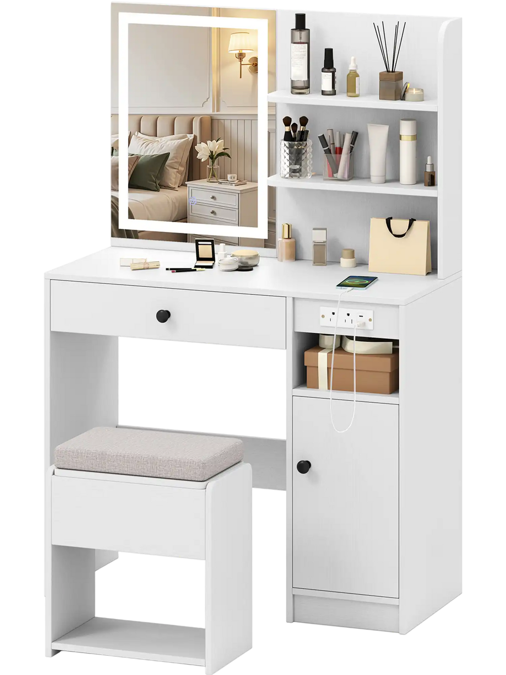 Vanity desk with mirror and lights in white, featuring open shelves, large drawer, and cushioned stool for organization.