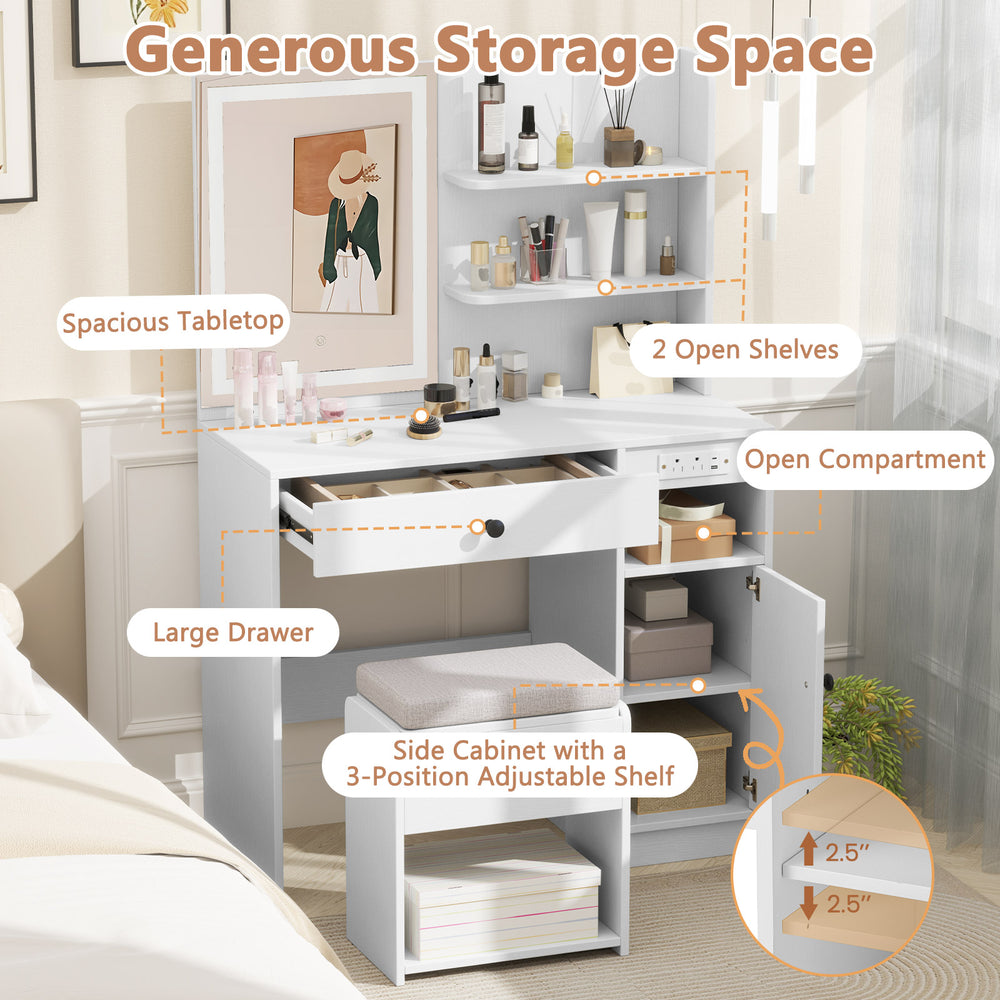 Vanity desk with mirror and lights in white featuring open shelves, large drawer, and cushioned stool for organized.