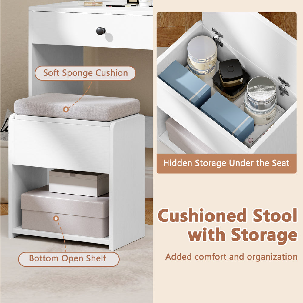 Cushioned storage stool with soft sponge cushion and hidden storage, perfect for organizing beauty essentials.