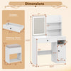 Vanity desk with mirror and lights in white, featuring open shelves, drawer, and cushioned stool for organized beauty.
