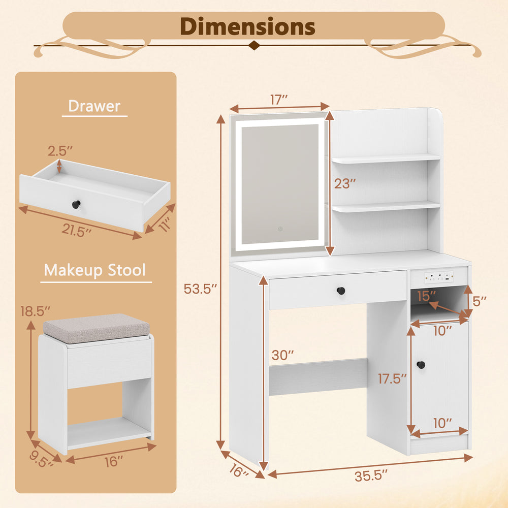 Vanity desk with mirror and lights in white, featuring open shelves, drawer, and cushioned stool for organized beauty.