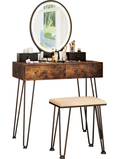 Costway Vanity Table Set 3-Color Lighted Dimmable Mirror Brown 73509624 New