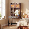 Vanity desk with rotatable mirror and lights, featuring brown finish, ample storage, and adjustable brightness for.