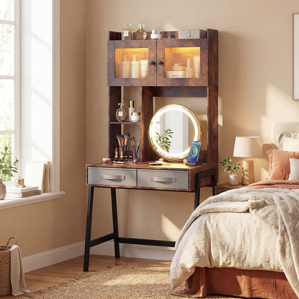 Vanity desk with rotatable mirror and lights, featuring brown finish, ample storage, and adjustable brightness for.