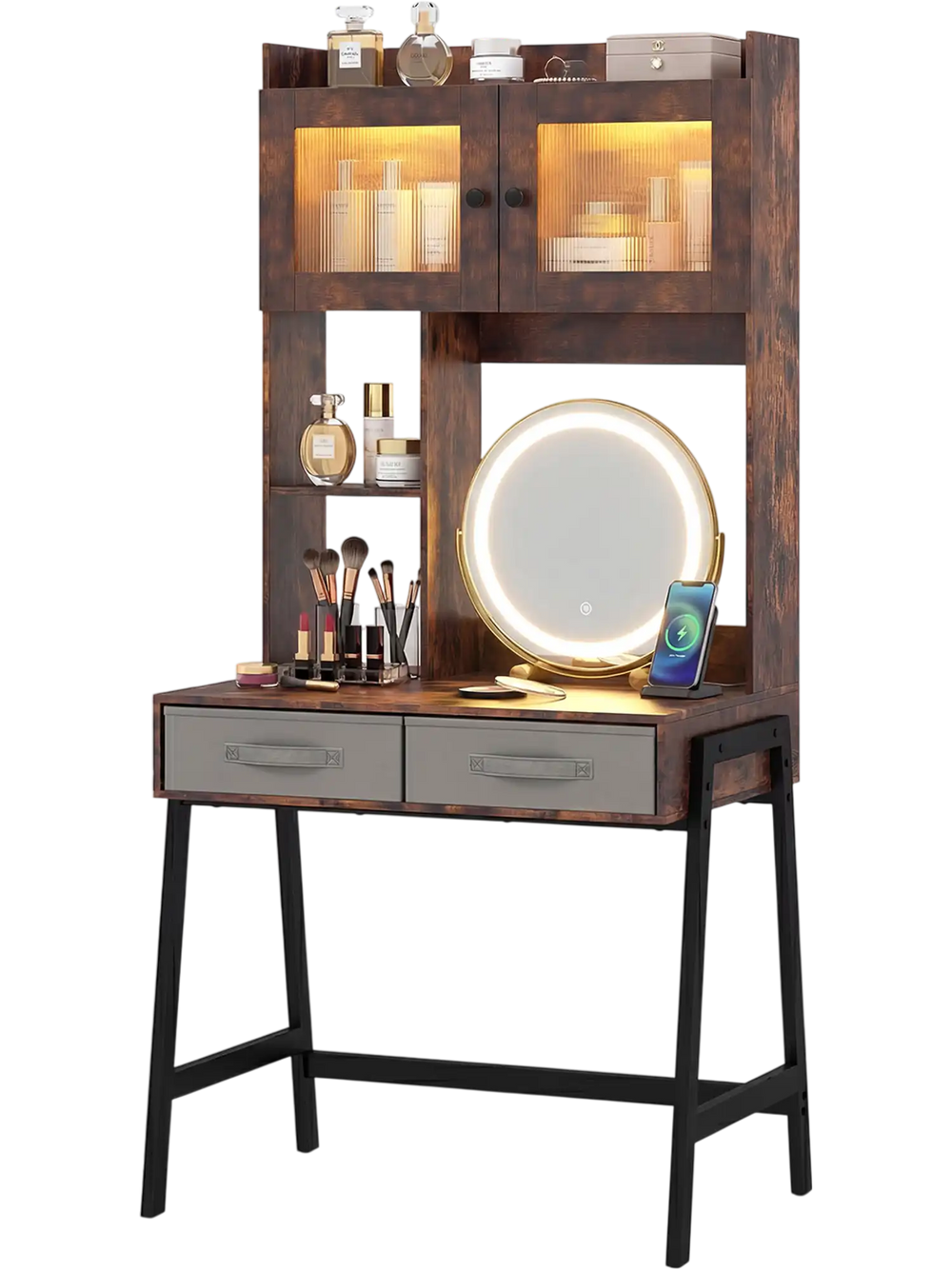 Vanity desk with a 360° rotatable mirror, adjustable lights, and ample storage, perfect for makeup and study.