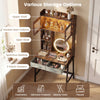 Vanity desk with rotatable mirror, adjustable lights, ample storage, and sturdy metal legs for makeup and study use.