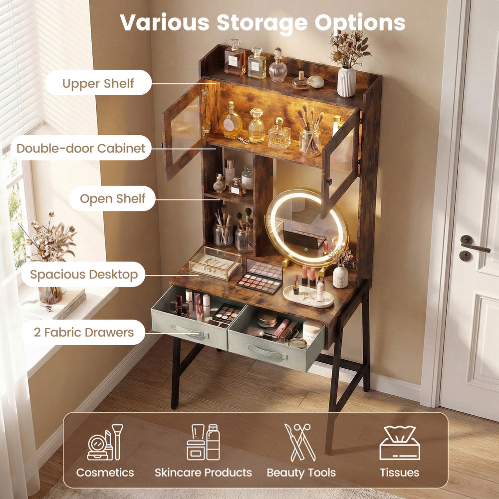 Vanity desk with rotatable mirror, adjustable lights, ample storage, and sturdy metal legs for makeup and study use.