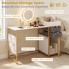 Vanity desk with rotatable lighted mirror, spacious desktop, 2 fabric drawers, and side pocket for organized storage.