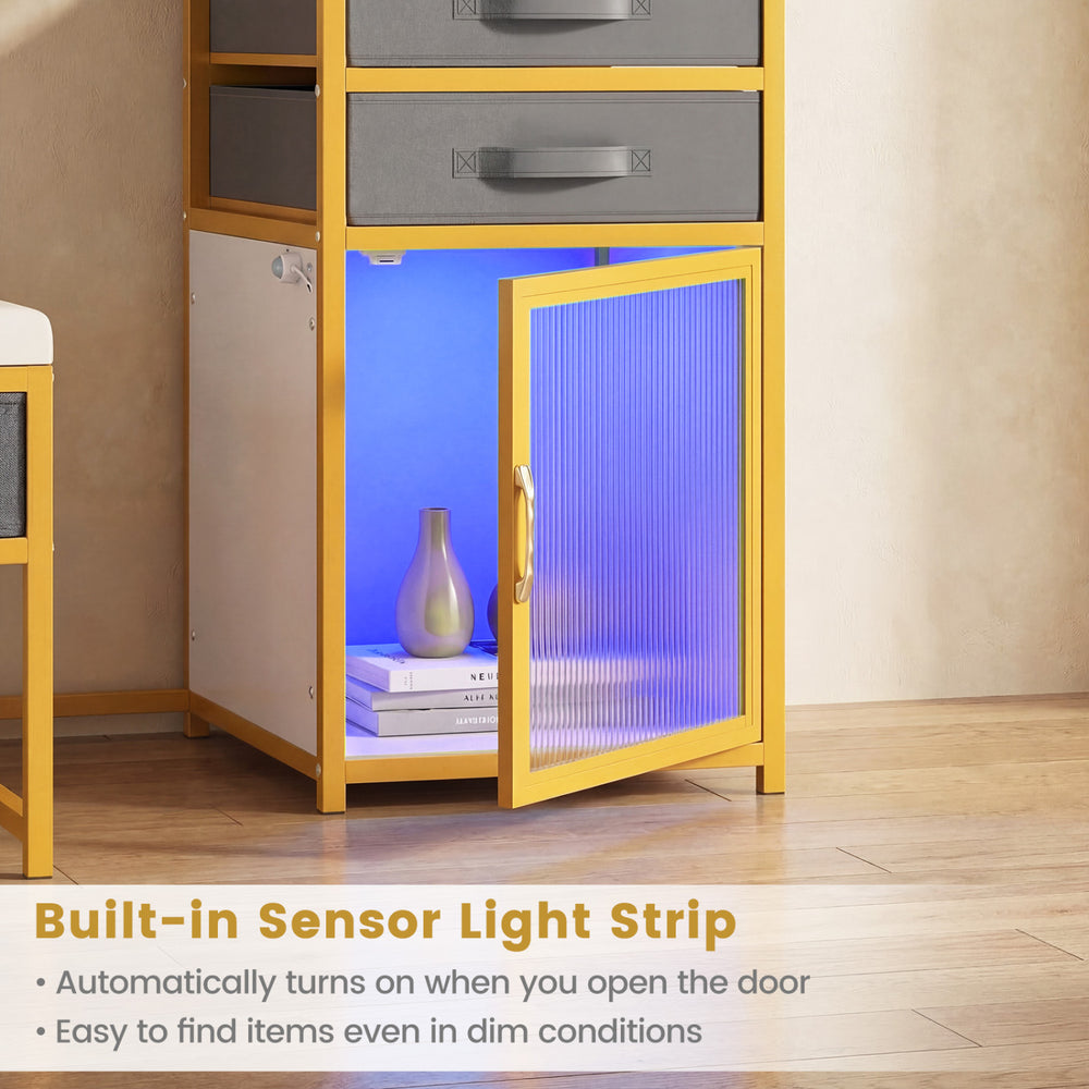 Vanity desk with built-in sensor light strip, featuring storage drawers and a 360° rotatable mirror for makeup.