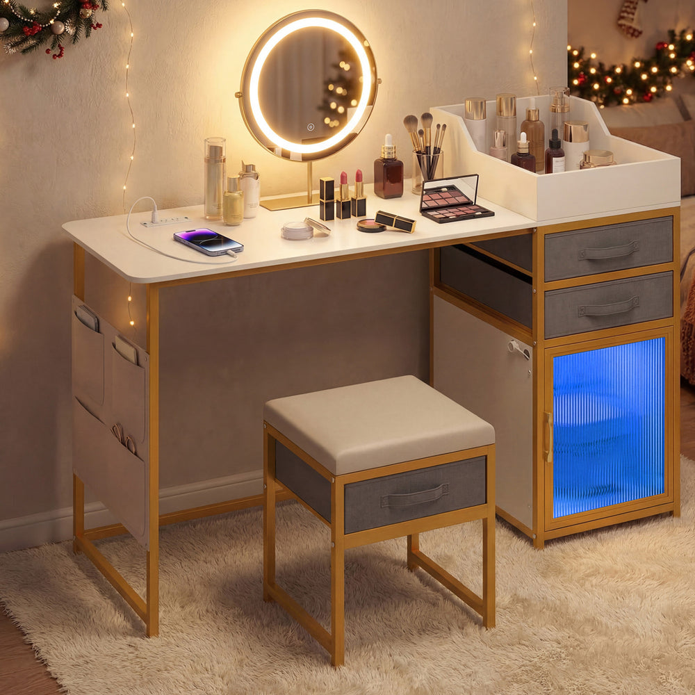 Vanity desk with 360° rotatable lighted mirror, storage organizer, and padded stool for makeup application.