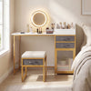 Vanity desk with a rotatable lighted mirror, white finish, featuring storage drawers and a padded stool for makeup.