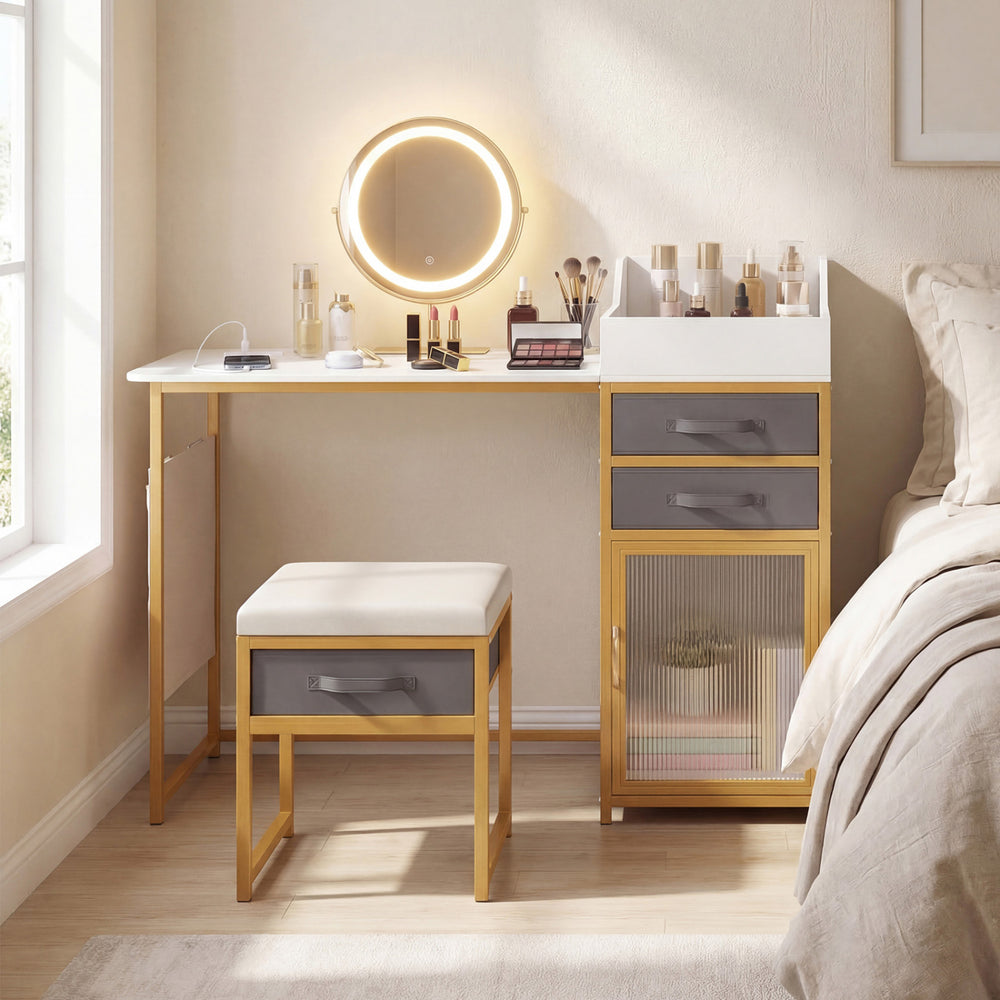 Vanity desk with a rotatable lighted mirror, white finish, featuring storage drawers and a padded stool for makeup.