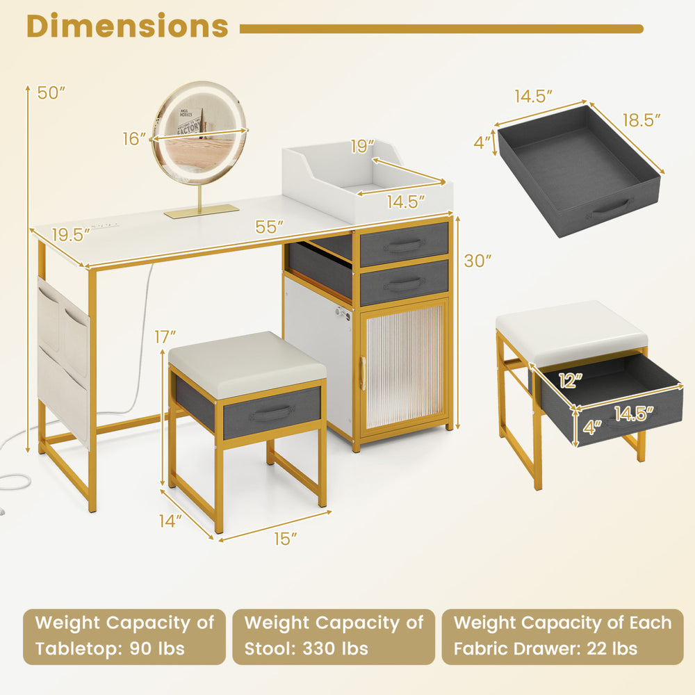 Vanity desk with rotatable lighted mirror, white finish, includes storage organizer and padded stool for makeup.