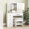 Vanity desk with sliding mirror and lights, featuring 4 drawers and adjustable shelves for organized makeup storage.