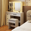 Vanity desk with sliding mirror and lights, featuring 4 drawers and a removable cushion for comfortable makeup.