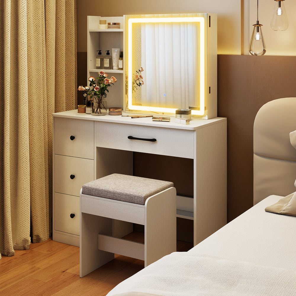 Vanity desk with sliding mirror and lights, featuring 4 drawers and a removable cushion for comfortable makeup.