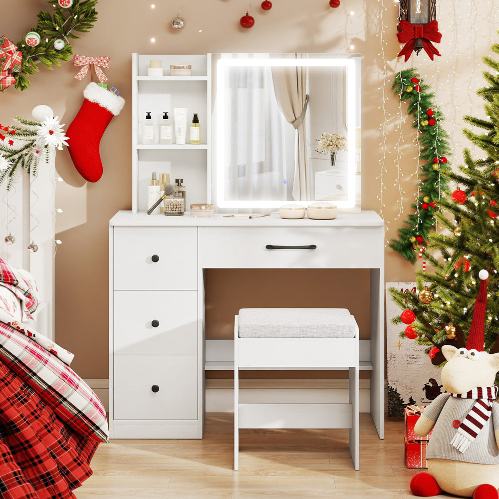 Vanity desk with sliding mirror and lights, showcasing a modern design and a removable seat cushion for added comfort.
