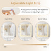 Adjustable light strip on the vanity desk with sliding mirror, featuring 3 colors and 10%-100% brightness control.