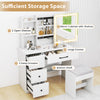 Vanity desk with sliding mirror, lights, and ample storage including 4 drawers and open shelves for organized makeup.