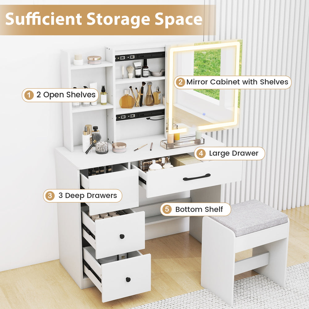 Vanity desk with sliding mirror, lights, and ample storage including 4 drawers and open shelves for organized makeup.