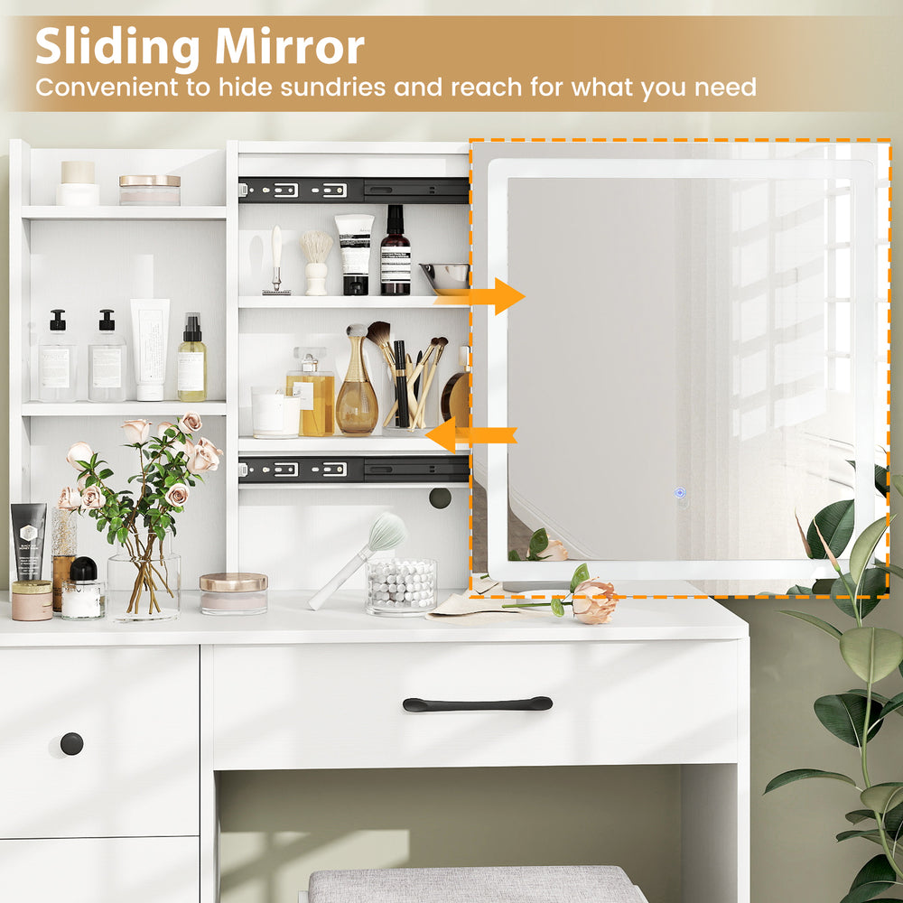 Sliding mirror of the white vanity desk, featuring adjustable lighting and ample storage for makeup essentials.