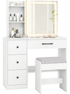 Vanity desk with sliding mirror, lights, and 4 drawers in white, featuring adjustable brightness and ample storage.