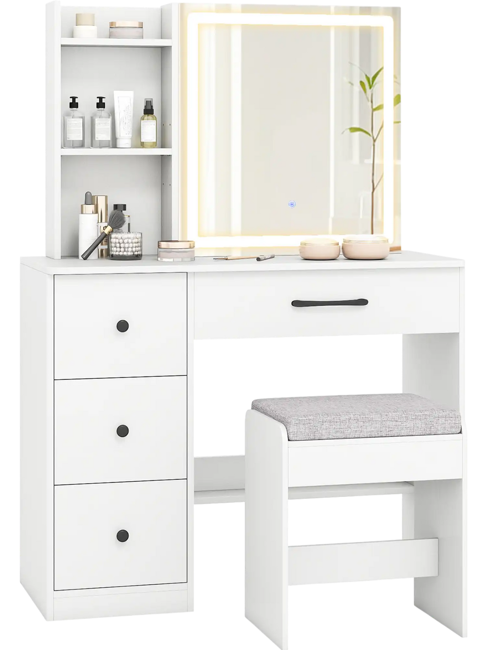 Vanity desk with sliding mirror, lights, and 4 drawers in white, featuring adjustable brightness and ample storage.