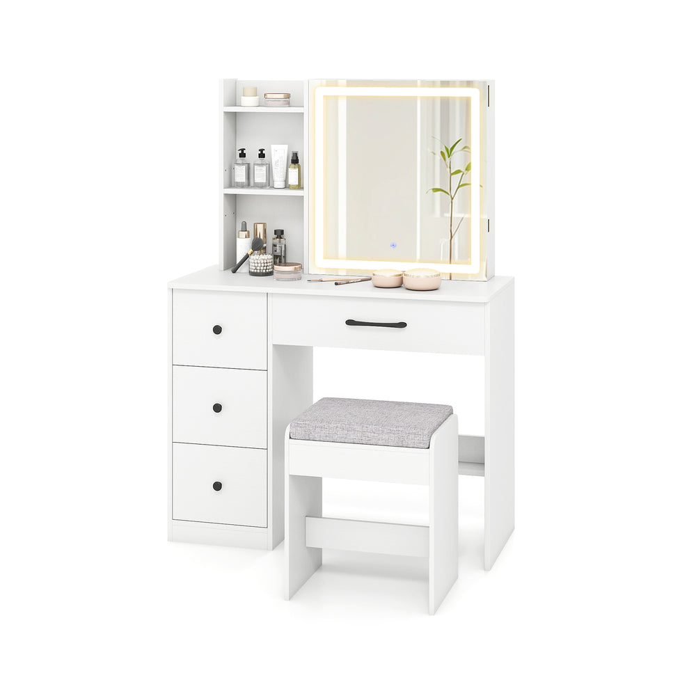 Vanity desk with sliding mirror, lights, and 4 drawers in white, featuring adjustable brightness for personalized.