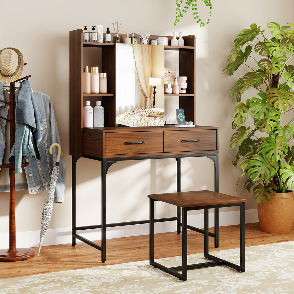 Vanity Desk with Storage Drawers and Charging Station-Walnut - Gallery View 1 of 11