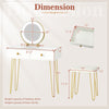 Vanity desk dimensions with lighted adjustable mirror, featuring two drawers and a stool, ideal for bedroom use.