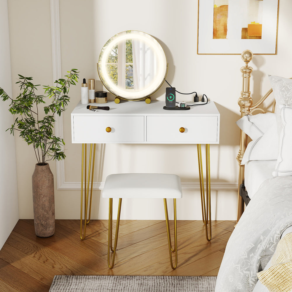 White vanity desk with lighted adjustable mirror, two drawers, and gold metal legs, perfect for bedroom decor.