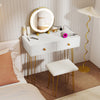 White vanity desk with lighted adjustable mirror, two drawers, and gold metal legs, perfect for bedroom styling.