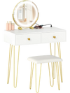 White vanity desk with lighted adjustable mirror, two drawers, and padded stool for elegant bedroom decor.