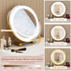 Lighted adjustable vanity mirror with 360° rotation, featuring three color modes and touch control for bedroom use.