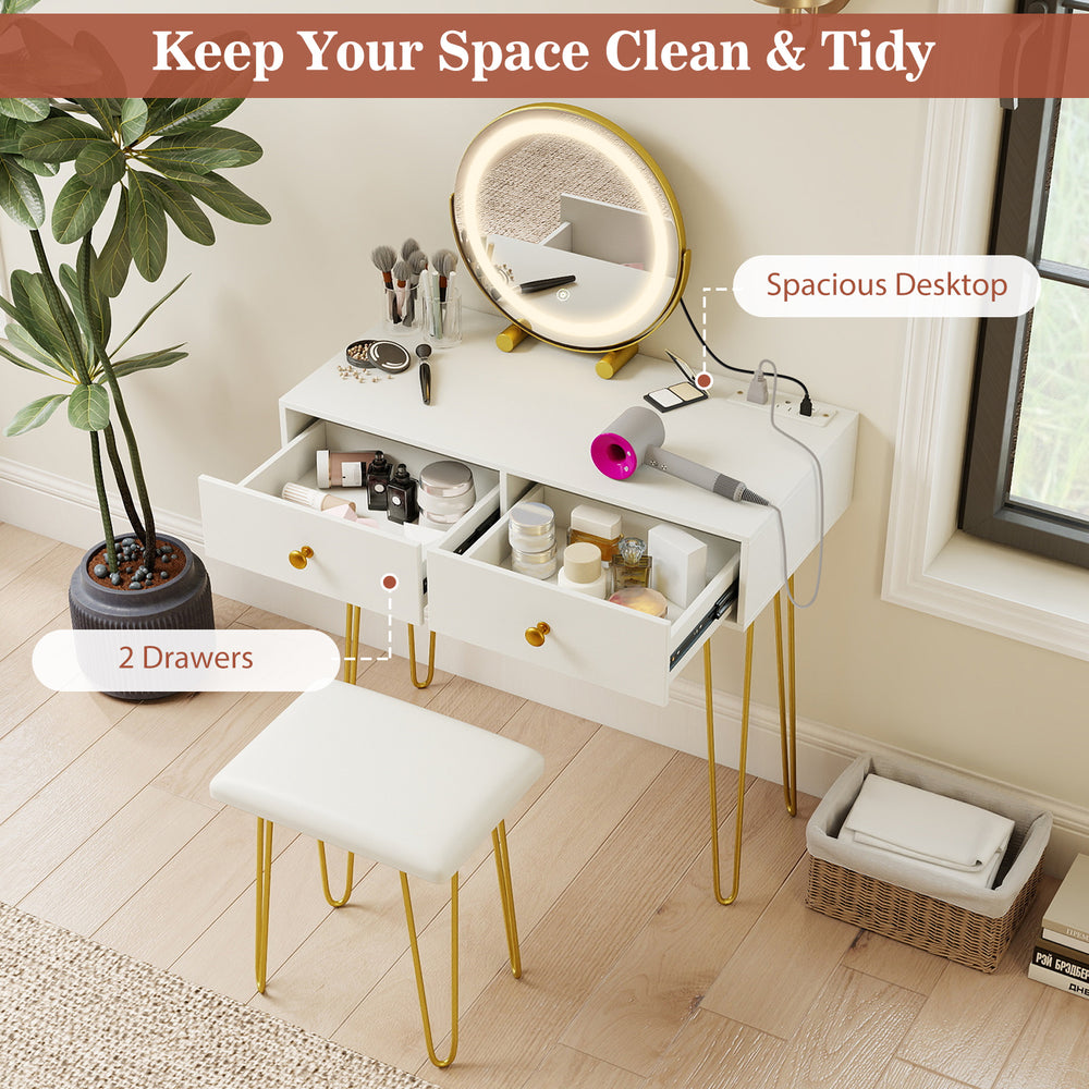 Vanity desk with lighted adjustable mirror, two drawers, and a padded stool for a stylish bedroom setup.