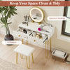 Vanity desk with lighted adjustable mirror, two drawers, and a padded stool for a stylish bedroom setup.