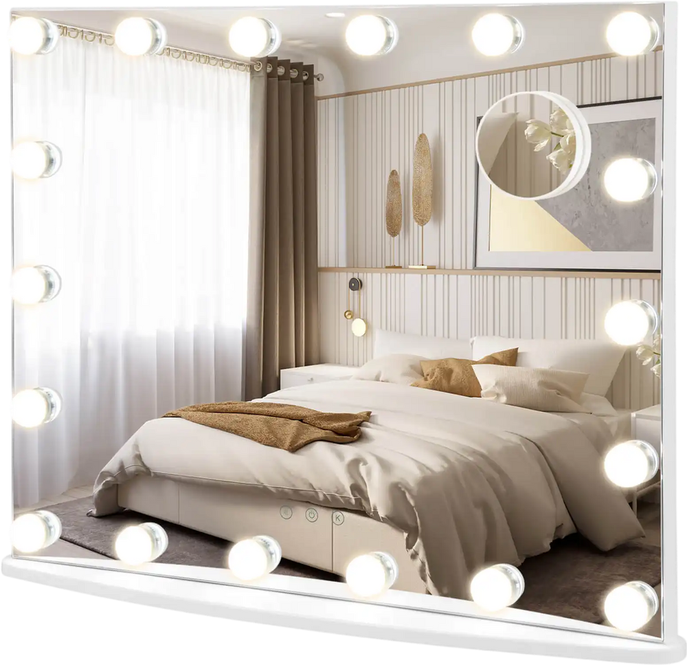 Vanity mirror with 18 dimmable LED bulbs, featuring 3 color lighting modes and a 3X magnifying mirror for detailed.