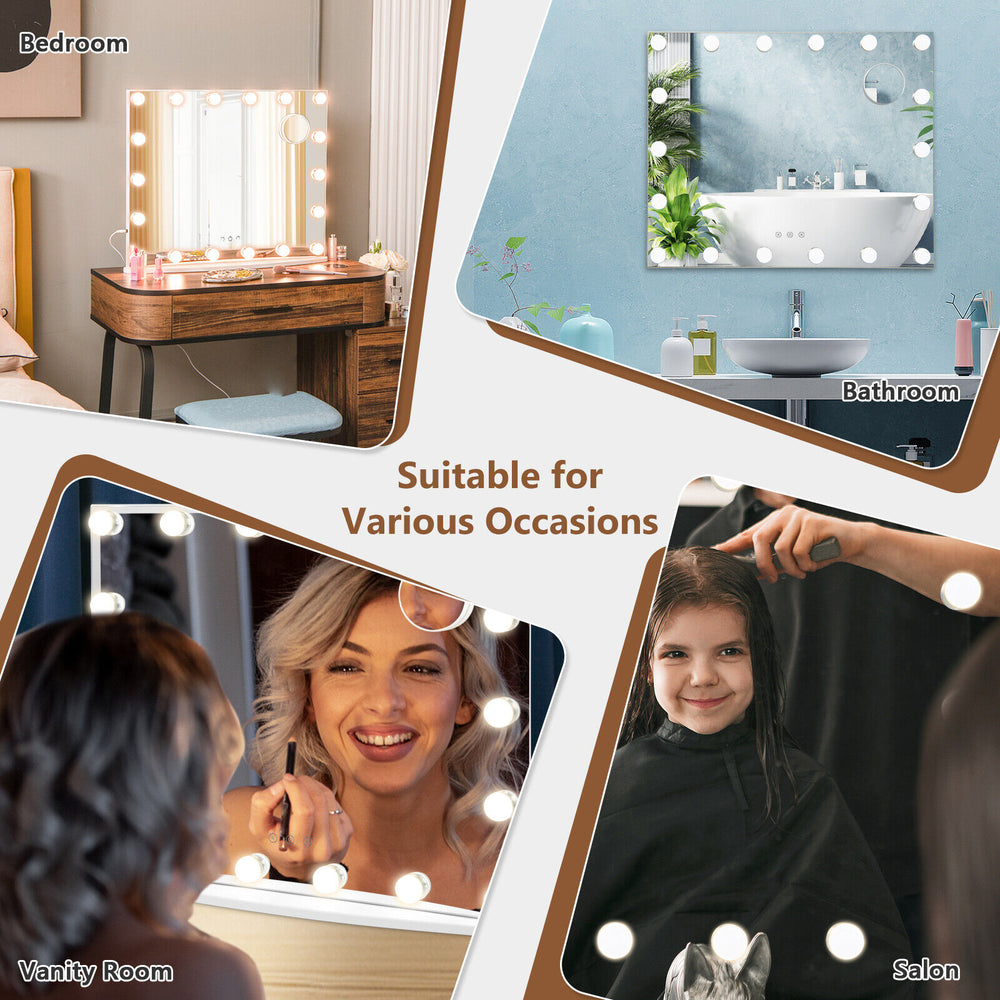 Vanity mirror with 18 dimmable LED bulbs, 3 color modes, suitable for bedroom, bathroom, and salon use.