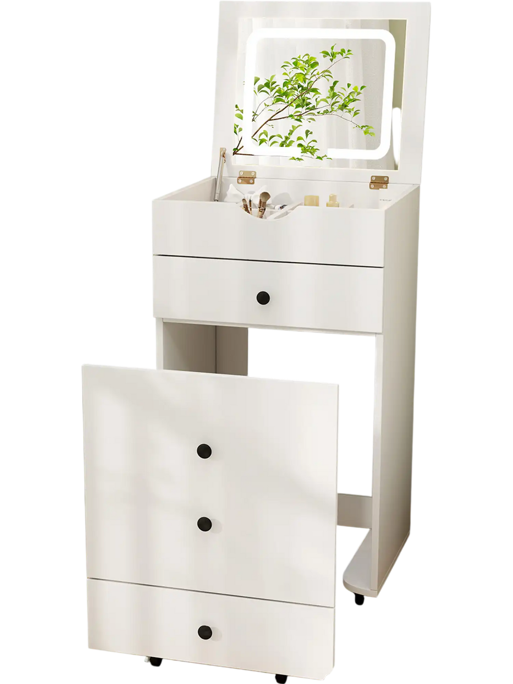 White 3-in-1 vanity set with flip-up mirror, cushioned stool, and ample storage for beauty items in a stylish bedroom.