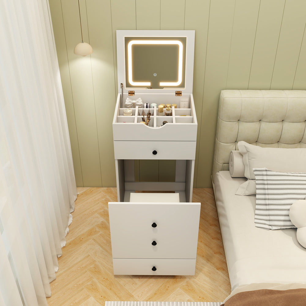 3-in-1 white vanity set with cushioned stool, flip-up mirror, and ample storage for beauty essentials in a stylish.