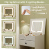 Flip-up mirror with three lighting modes and touch switch on a 3-in-1 vanity set for versatile beauty needs.