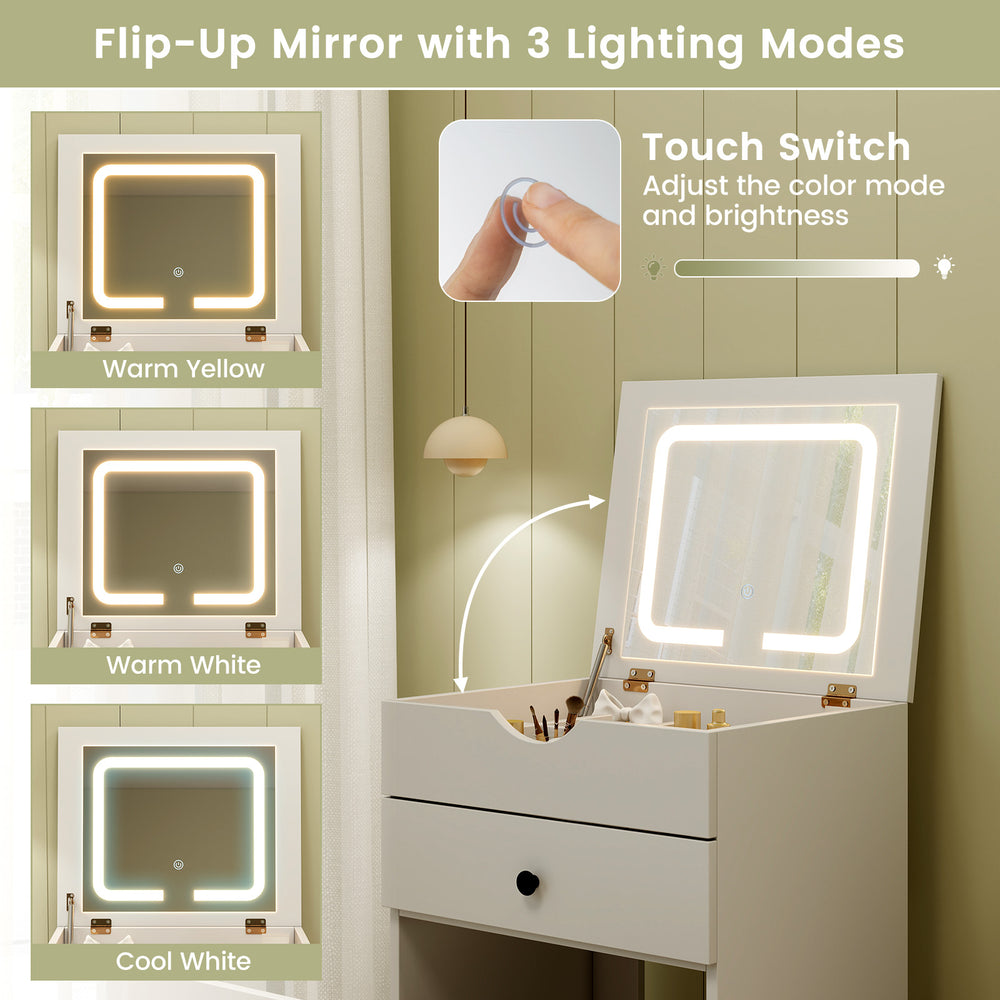 Flip-up mirror with three lighting modes and touch switch on a 3-in-1 vanity set for versatile beauty needs.