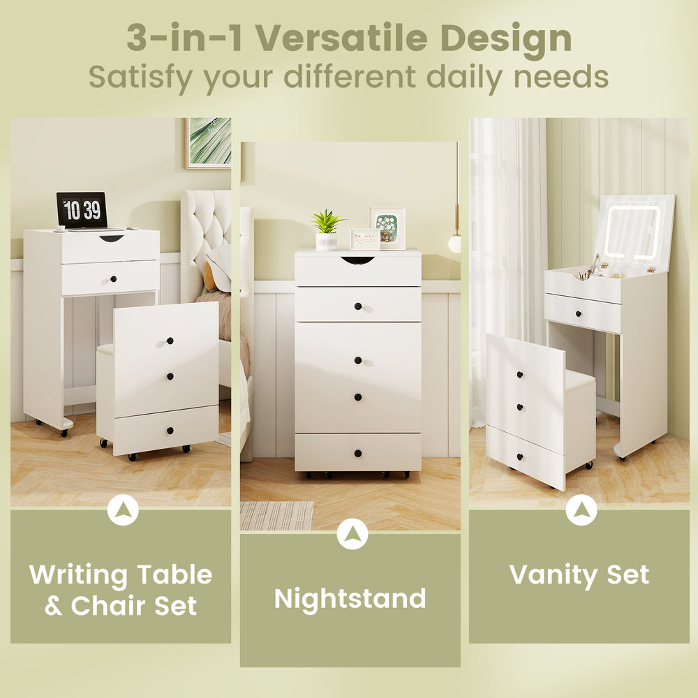 3-in-1 vanity set in white with cushioned stool, flip-up mirror, and ample storage for beauty essentials.